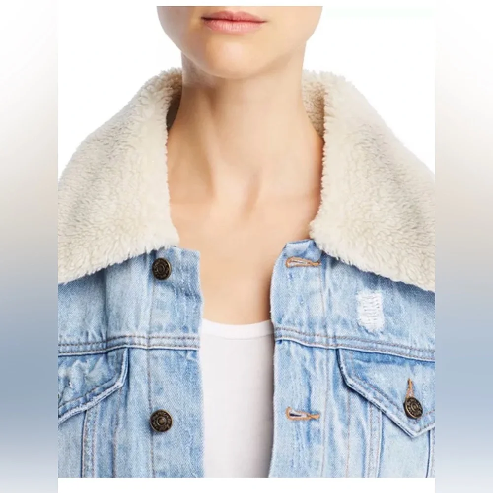 Free People Sherpa Fleece Collar Denim Jacket Plaid Lining - Picture 6 of 9